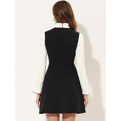 Women's Elegant Contrast Ruffle Stand Collar Bow Tie Office Dress