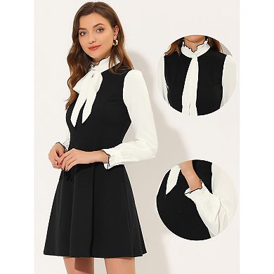 Women's Elegant Contrast Ruffle Stand Collar Bow Tie Office Dress
