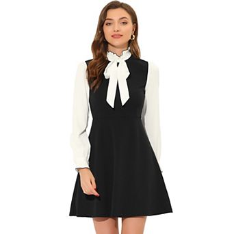Women's Elegant Contrast Ruffle Stand Collar Bow Tie Office Dress