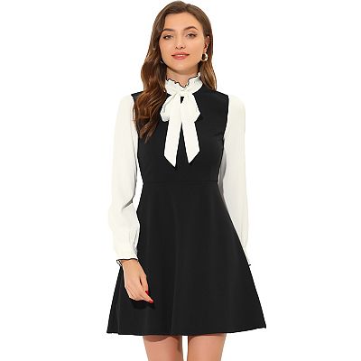 Women's Elegant Contrast Ruffle Stand Collar Bow Tie Office Dress