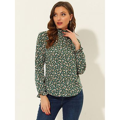 Women's Floral Ruffled Vintage Boho Long-Sleeve Mock Neck Blouse