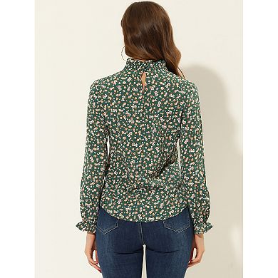 Women's Floral Ruffled Vintage Boho Long-Sleeve Mock Neck Blouse