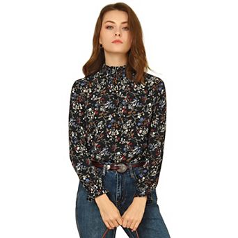 Women's Floral Ruffled Vintage Boho Long-Sleeve Mock Neck Blouse