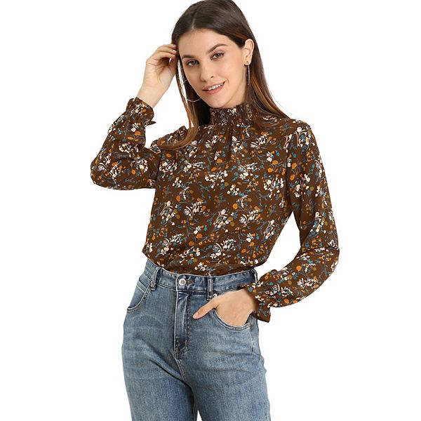 Puff Sleeve Long Sleeve Vintage Red Floral Print Boho Blouse main image 0