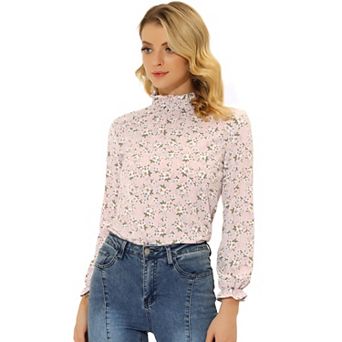 Women's Floral Ruffled Vintage Boho Long-Sleeve Mock Neck Blouse