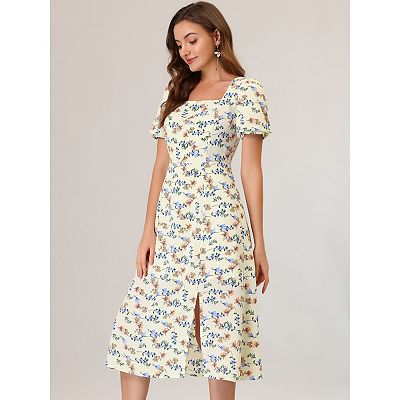 Women's Square Neck Dress Short Sleeve Slit Hem Midi Floral