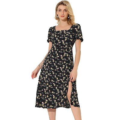 Women s Square Neck Dress Short Sleeve Slit Hem Midi Floral Dress