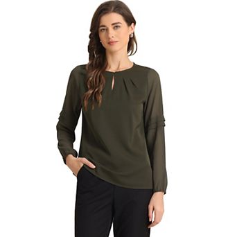 Women's Work Tops Chiffon Shirt Semi Sheer Keyhole Neck Elegant Blouse