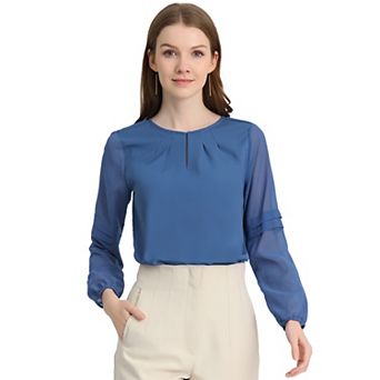Women's Work Tops Chiffon Shirt Semi Sheer Keyhole Neck Elegant Blouse