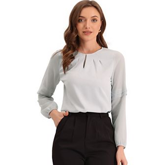 Women's Work Tops Chiffon Shirt Semi Sheer Keyhole Neck Elegant Blouse