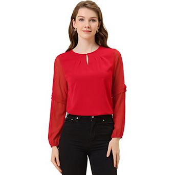 Women's Work Tops Chiffon Shirt Semi Sheer Keyhole Neck Elegant Blouse