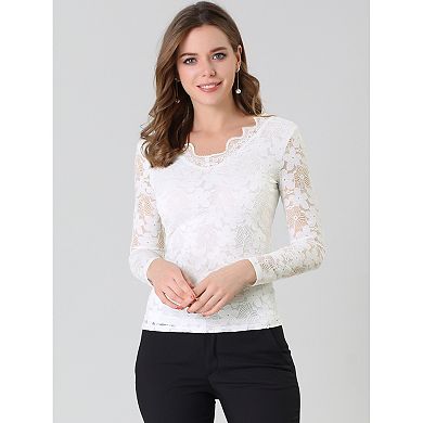 Women's Floral Embroidery Sheer Long Sleeves Lace Blouse Top