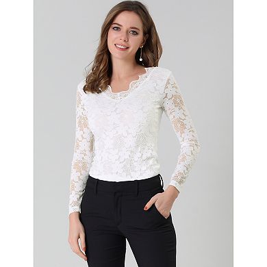 Women's Floral Embroidery Sheer Long Sleeves Lace Blouse Top