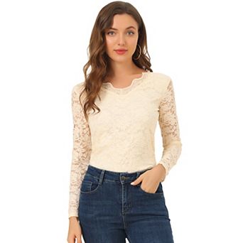 Women's Floral Embroidery Sheer Long Sleeves Lace Blouse Top