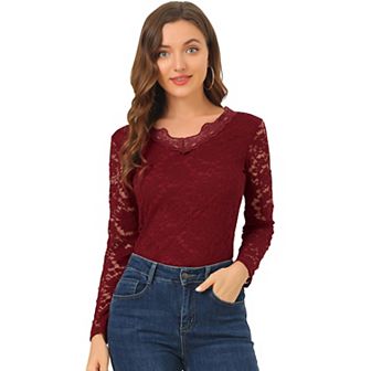 Women's Floral Embroidery Sheer Long Sleeves Lace Blouse Top
