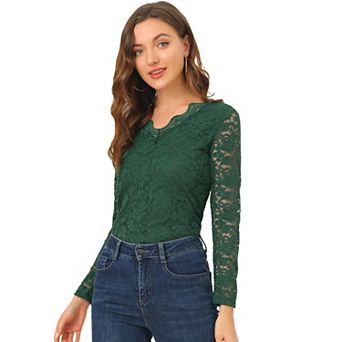 Women's Floral Embroidery Sheer Long Sleeves Lace Blouse Top