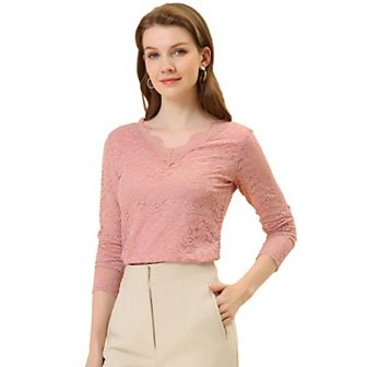 Women's Floral Embroidery Sheer Long Sleeves Lace Blouse Top