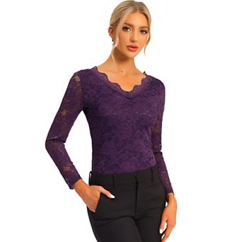 Women's Floral Embroidery Sheer Long Sleeves Lace Blouse Top