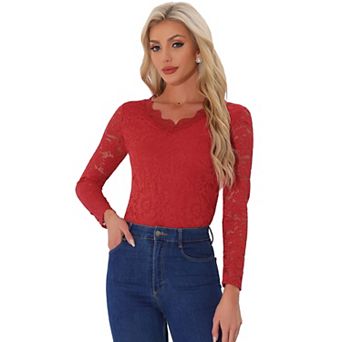 Women's Floral Embroidery Sheer Long Sleeves Lace Blouse Top