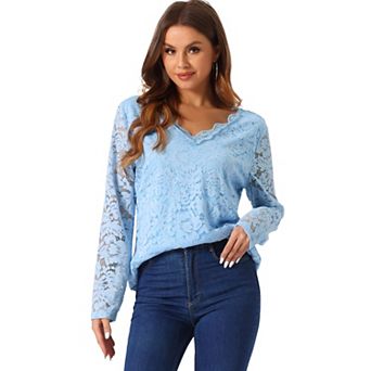 Women's Floral Embroidery Sheer Long Sleeves Lace Blouse Top