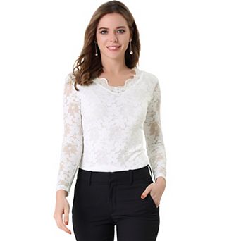 Women's Floral Embroidery Sheer Long Sleeves Lace Blouse Top