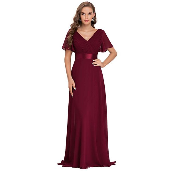 Long Chiffon Empire Waist Bridesmaid Dress with Short Flutter Sleeves
