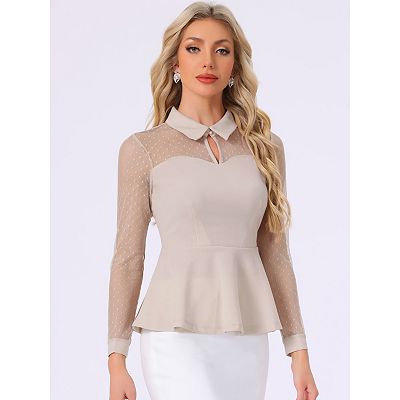 Women's Mesh Sheer Long Sleeve Blouse Turn Down Collar