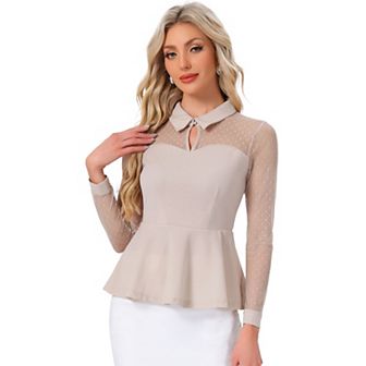 Women's Mesh Sheer Long Sleeve Blouse Turn Down Collar Keyhole Peplum Top