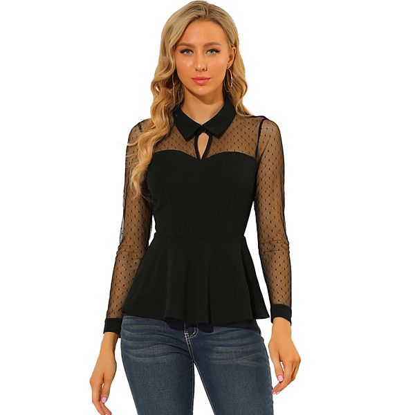 Women's Mesh Sheer Long Sleeve Blouse Turn Down Collar Keyhole Peplum Top