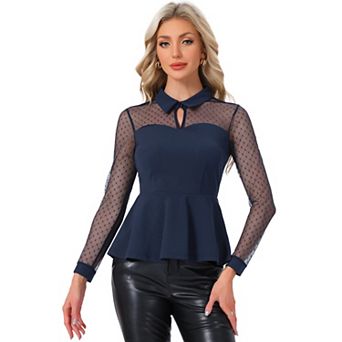 Women's Mesh Sheer Long Sleeve Blouse Turn Down Collar Keyhole Peplum Top