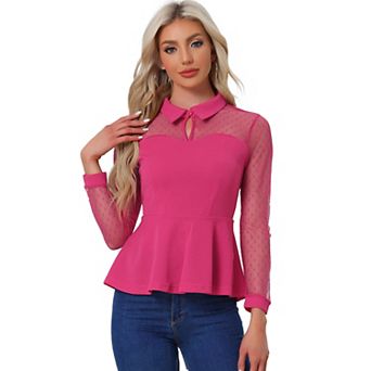 Women's Mesh Sheer Long Sleeve Blouse Turn Down Collar Keyhole Peplum Top