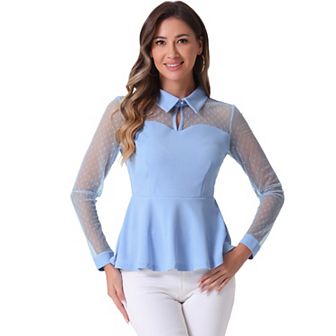 Women's Mesh Sheer Long Sleeve Blouse Turn Down Collar Keyhole Peplum Top