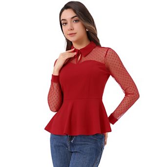 Women's Mesh Sheer Long Sleeve Blouse Turn Down Collar Keyhole Peplum Top