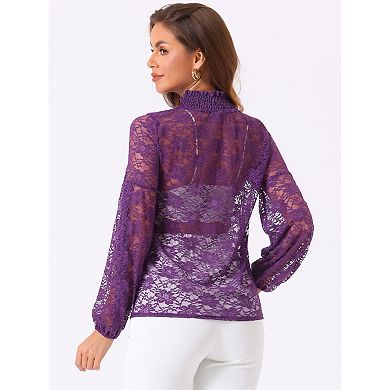 Women's Floral Lace Top Turtleneck Long Sleeve See Through Sheer Blouse