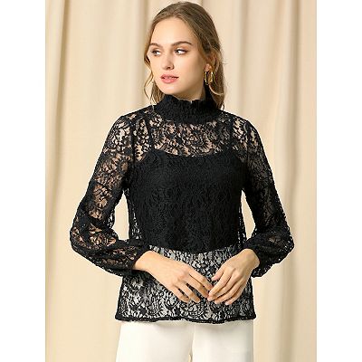 Women's Floral Lace Top Turtleneck Long Sleeve See Through Sheer Blouse