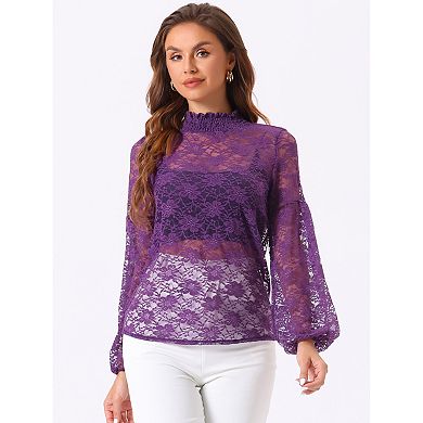 Women's Floral Lace Top Turtleneck Long Sleeve See Through Sheer Blouse
