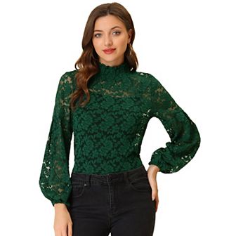 Women's Floral Lace Top Turtleneck Long Sleeve See Through Sheer Blouse