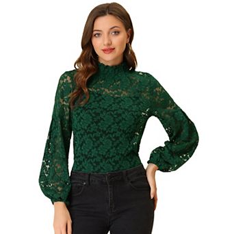 Women's Floral Lace Top Turtleneck Long Sleeve See Through Sheer Blouse