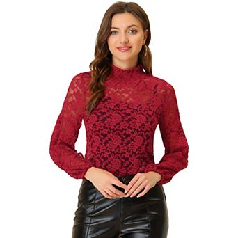 Women's Floral Lace Top Turtleneck Long Sleeve See Through Sheer Blouse