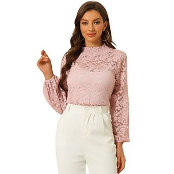 Women's Floral Lace Top Turtleneck Long Sleeve See Through Sheer Blouse