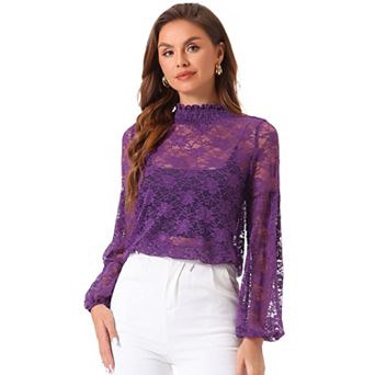 Women's Floral Lace Top Turtleneck Long Sleeve See Through Sheer Blouse