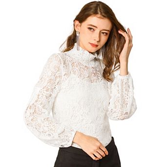 Women's Floral Lace Top Turtleneck Long Sleeve See Through Sheer Blouse