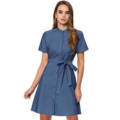 Allegra K Women's Denim Dress Belted Full Placket Jean Dresses