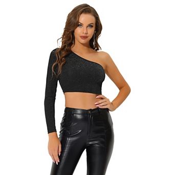 Glitter Crop Top for Women's Metallic Clubwear Slim Fitted One Shoulder T-Shirt