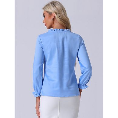 Women's Ruffle Neck Bubble Sleeve Elastic Cuff Button Work Office Satin Blouse