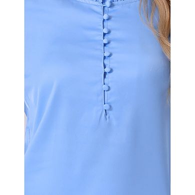 Women's Ruffle Neck Bubble Sleeve Elastic Cuff Button Work Office Satin Blouse