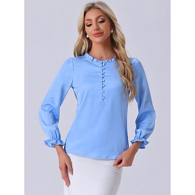 Women's Ruffle Neck Bubble Sleeve Elastic Cuff Button Work Office Satin Blouse
