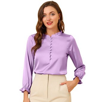 Women's Ruffle Neck Bubble Sleeve Elastic Cuff Button Work Office Satin Blouse