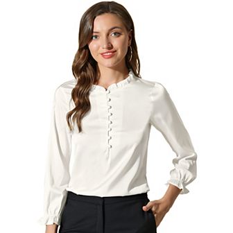Women's Ruffle Neck Bubble Sleeve Elastic Cuff Button Work Office Satin Blouse