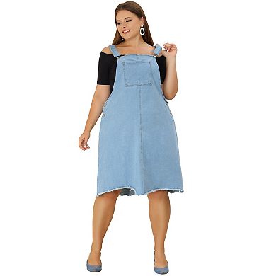 Women's Plus Overall Dresses Frayed Adjustable Strap Irregular Hem Denim Dress